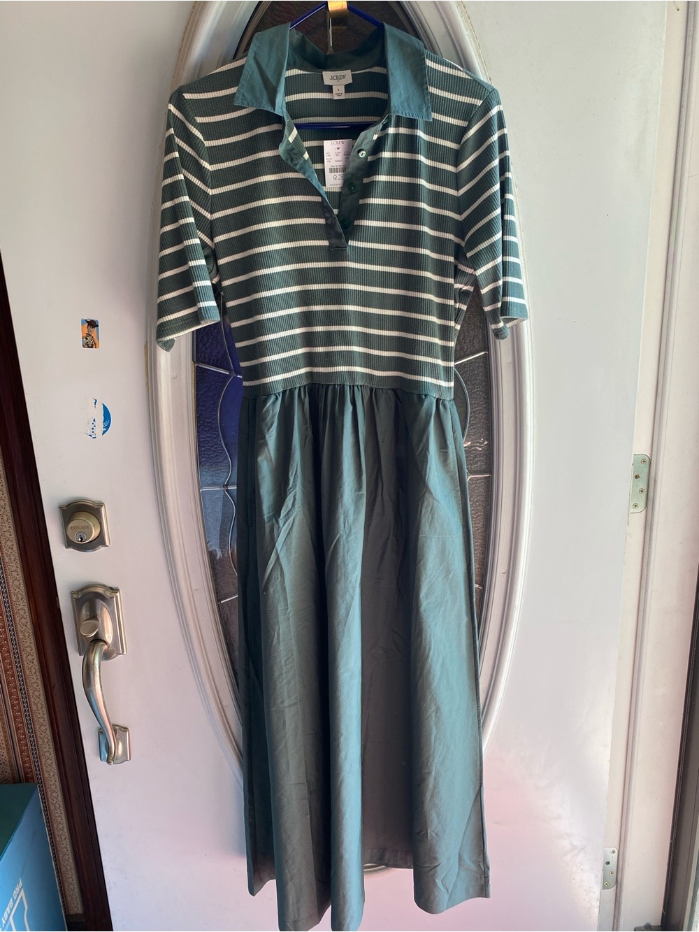 🆕 J.Crew Factory Collard Stripe Dress Sage & Ivory Size L - Picture 2 of 7